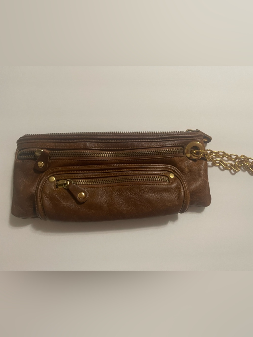 Andrea Brueckner Luxembourg Brown Leather Wristlet Clutch with Gold Chain